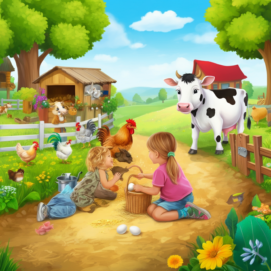 Дети ухаживают за животными на виртуальной ферме кормят куриц, собирают яйца, доят корову