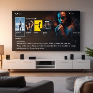 Интерфейс системы домашнего кинотеатра с персонализированными рекомендациями фильмов и концертов.