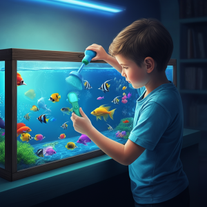 Мальчик учиться чистить виртуальный аквариум, в котором должні плавать разноцветные рыбки