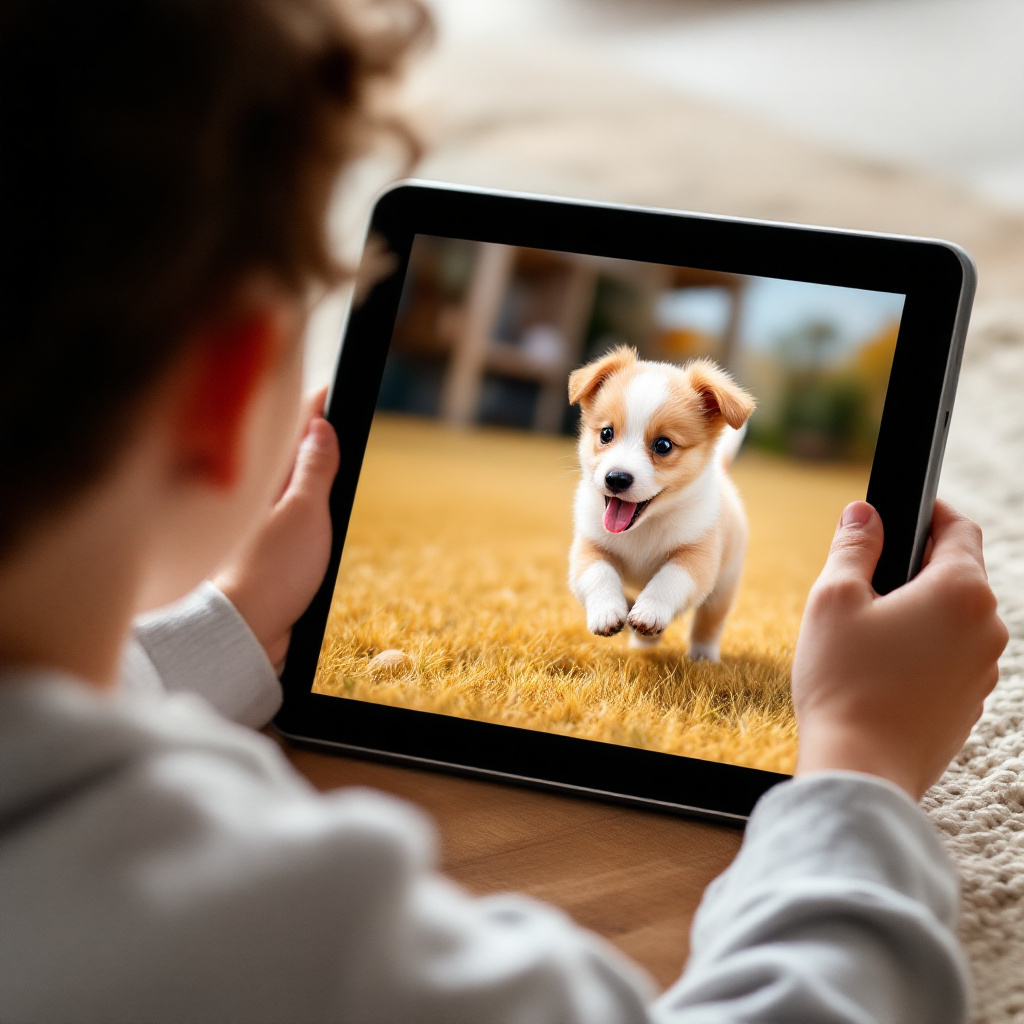 Ребенок радостно играет с виртуальным щенком на планшете. Щенок виляет хвостом и прыгает.