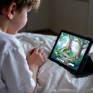 Ребенок слушает сказку, которую рассказывает AI сказочник на планшете. На экране - яркая картинка с изображением волшебного леса