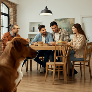 Семья сидит за столом и обсуждает, как правильно ухаживать за питомцем а щенок сидит в углу и с сомнением на них смотрит
