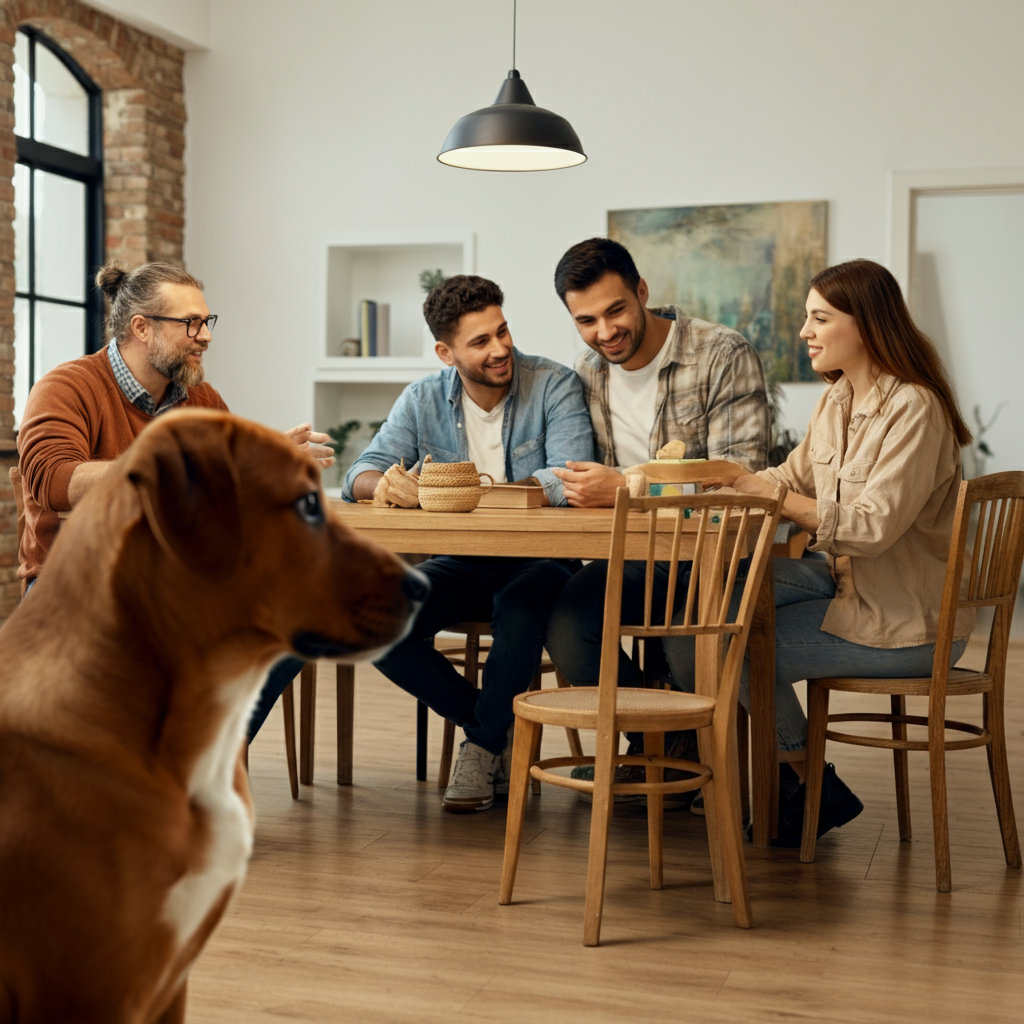 Семья сидит за столом и обсуждает, как правильно ухаживать за питомцем а щенок сидит в углу и с сомнением на них смотрит